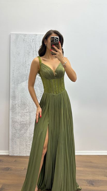 Khaki Strapless Embroidered Detail Evening Dress