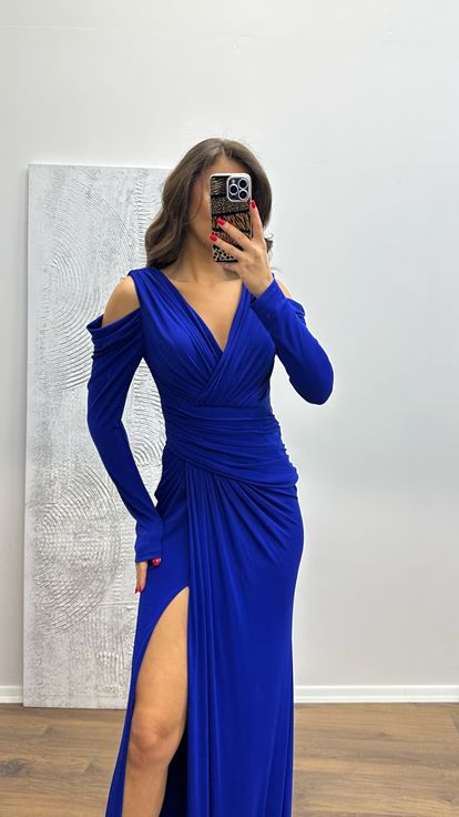 Saks V-Neck Draped Evening Dress