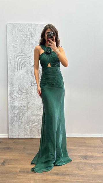 Emerald One-Shoulder Draped Evening Dress