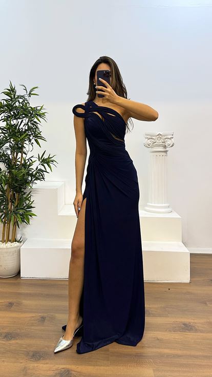 Lacivert Tek Omuz Transparan Detay Abiye Elbise