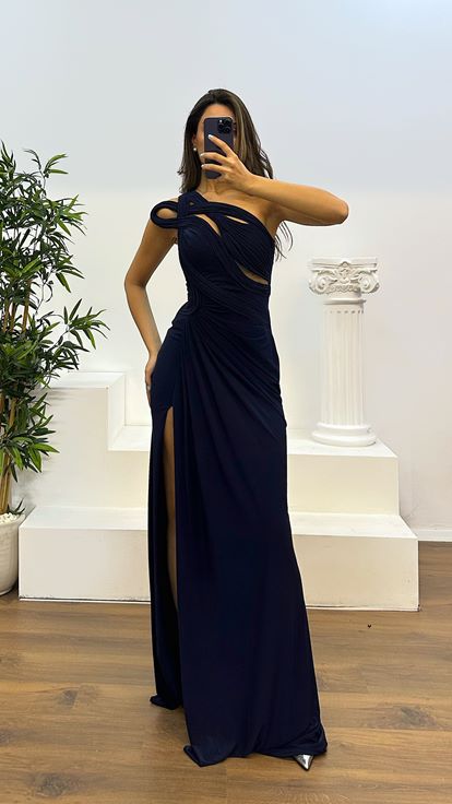 Lacivert Tek Omuz Transparan Detay Abiye Elbise