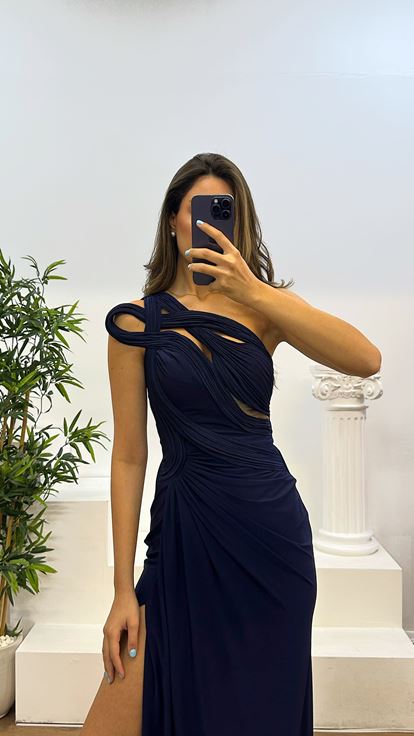 Lacivert Tek Omuz Transparan Detay Abiye Elbise