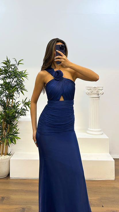 Abito da sera drappeggiato monospalla blu navy