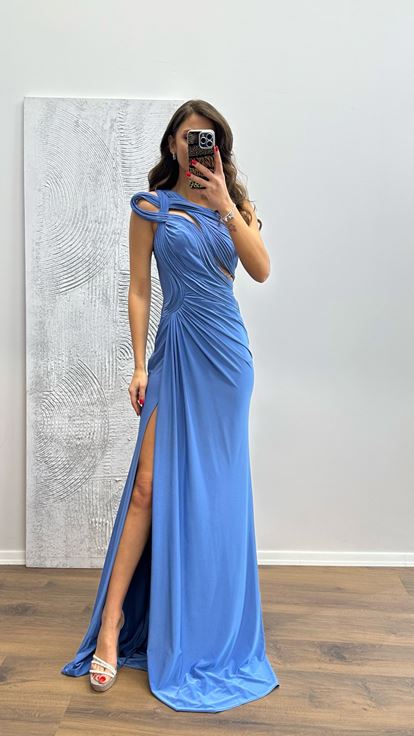 Indigo One Shoulder Transparent Detail Evening Dress