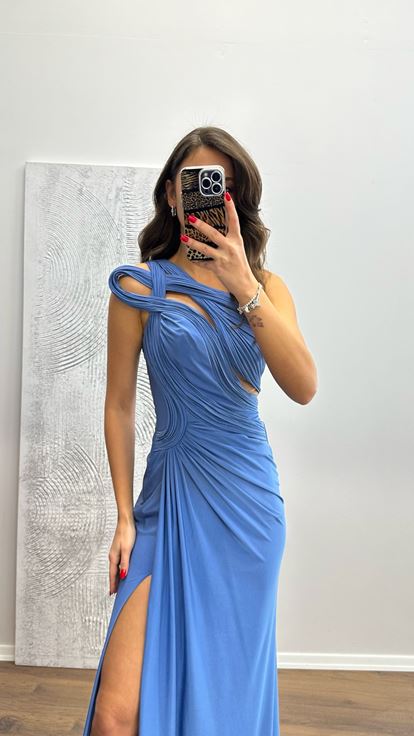 Indigo One Shoulder Transparent Detail Evening Dress