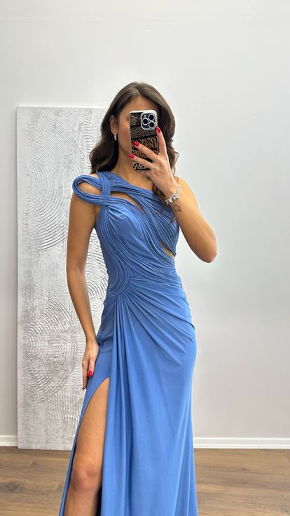 Indigo One Shoulder Transparent Detail Evening Dress