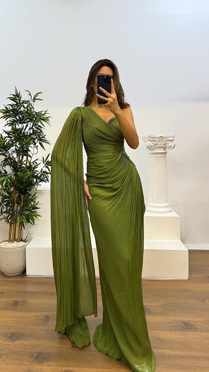 Khaki Single Sleeve Waist Detail Evening Dress