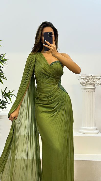Khaki Single Sleeve Waist Detail Evening Dress
