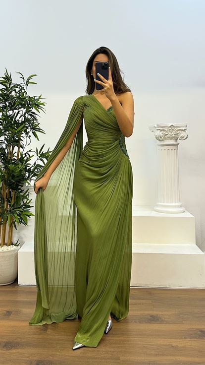 Khaki Single Sleeve Waist Detail Evening Dress
