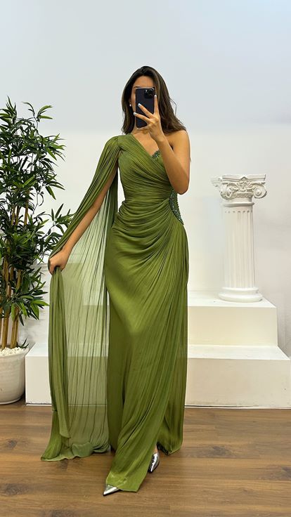 Khaki Single Sleeve Waist Detail Evening Dress