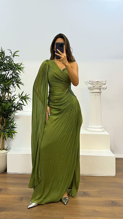 Khaki Single Sleeve Waist Detail Evening Dress
