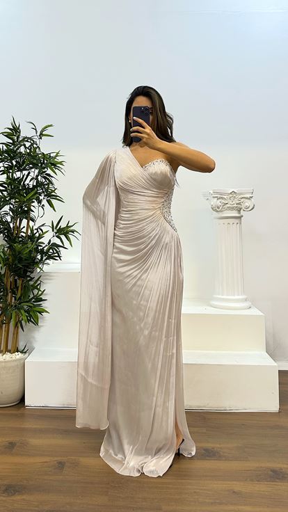 Taş Tek Kol Bel Detay Abiye Elbise