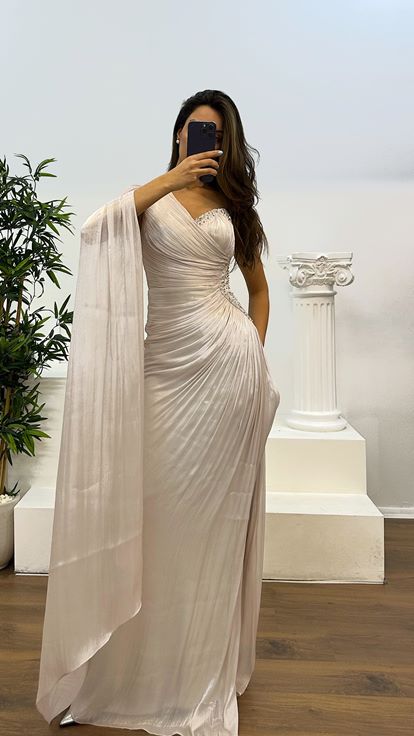 Taş Tek Kol Bel Detay Abiye Elbise