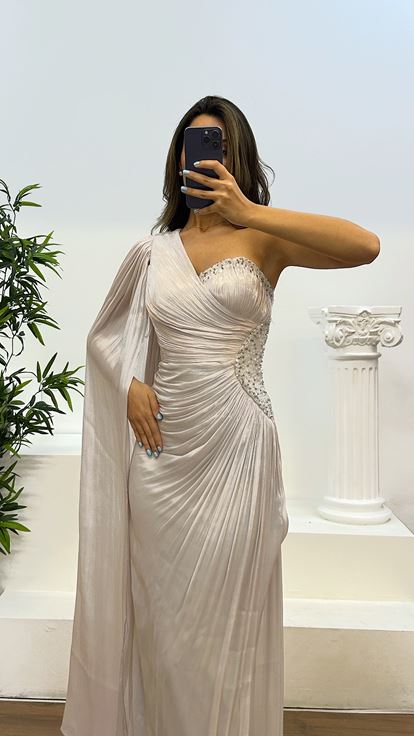 Taş Tek Kol Bel Detay Abiye Elbise