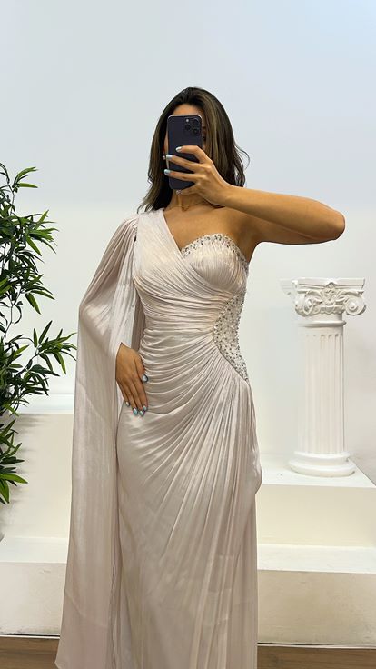 Taş Tek Kol Bel Detay Abiye Elbise