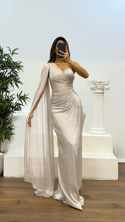 Taş Tek Kol Bel Detay Abiye Elbise