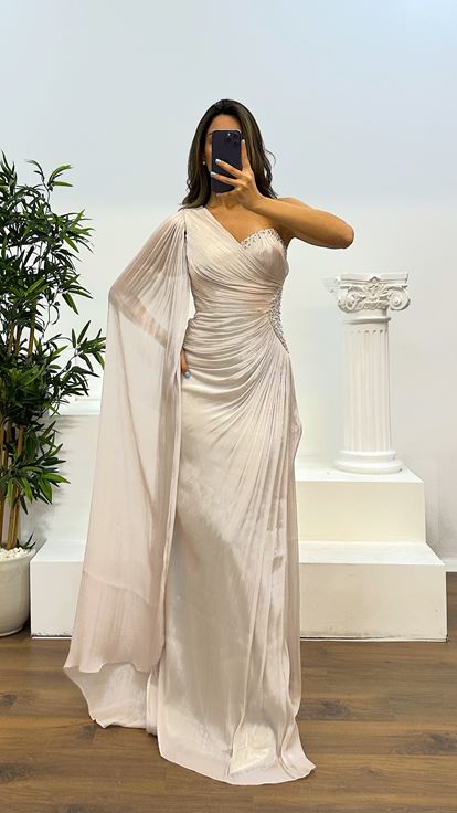 Taş Tek Kol Bel Detay Abiye Elbise