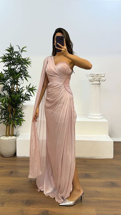 Powder Single Sleeve Waist Detail Evening Dress