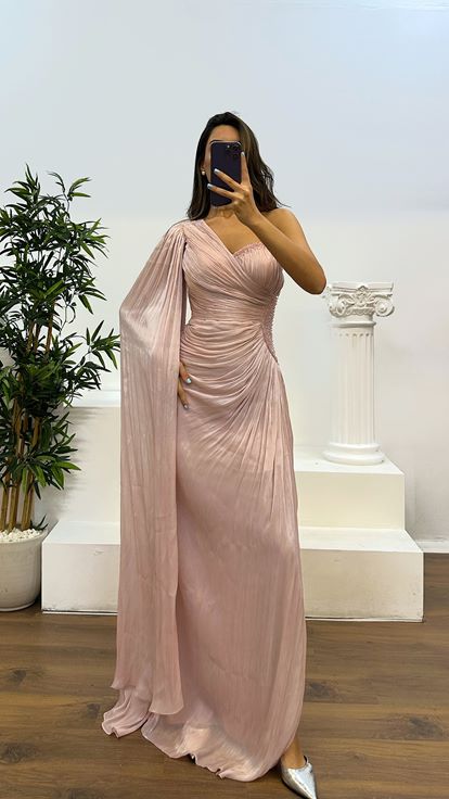 Powder Single Sleeve Waist Detail Evening Dress