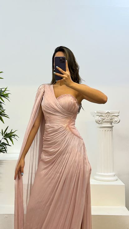 Powder Single Sleeve Waist Detail Evening Dress
