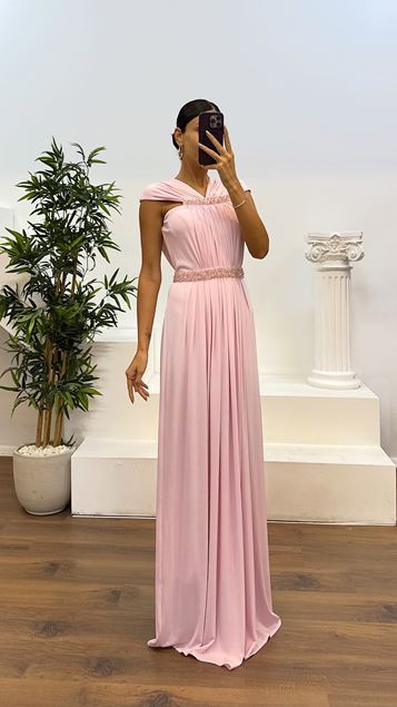 Abito da sera rosa cipria con decorazioni in vita e scollatura 