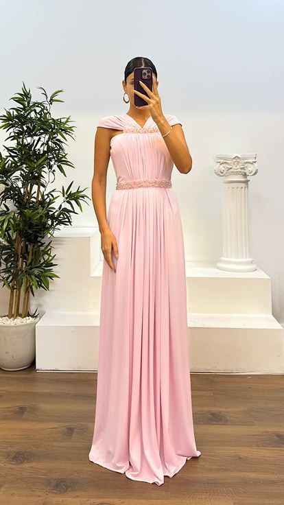 Pudra Bel Ve Boyun İşleme Detay Abiye Elbise