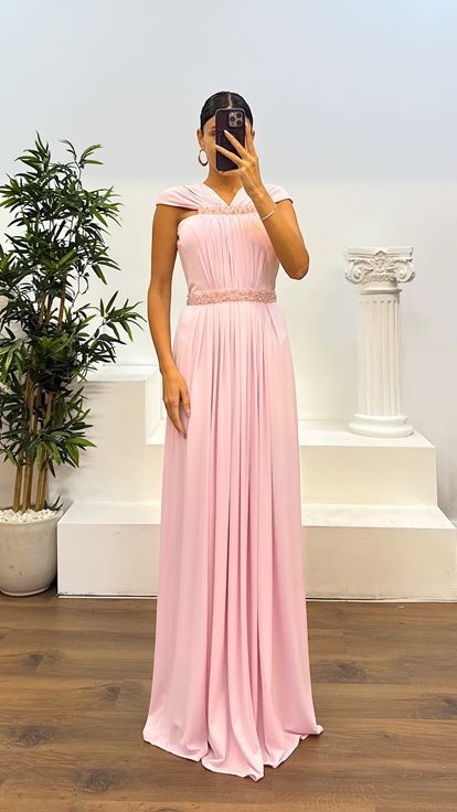 Pudra Bel Ve Boyun İşleme Detay Abiye Elbise