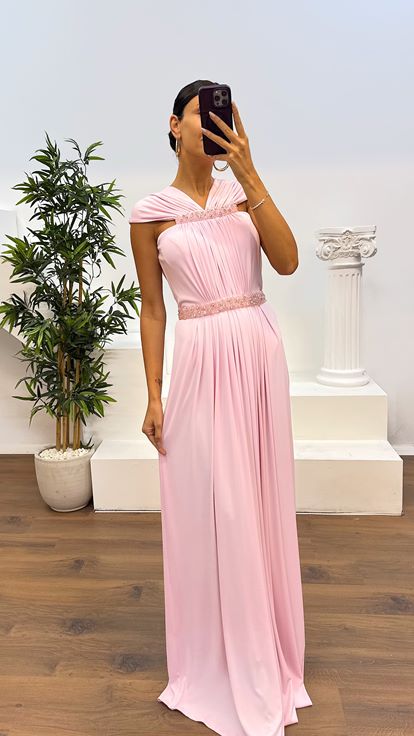 Pudra Bel Ve Boyun İşleme Detay Abiye Elbise