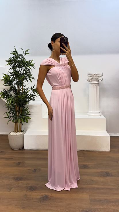 Pudra Bel Ve Boyun İşleme Detay Abiye Elbise