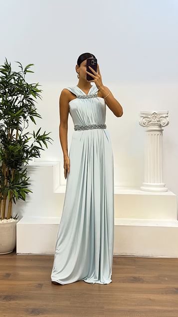 Blue Waist and Neck Embroidery Detail Evening Dress