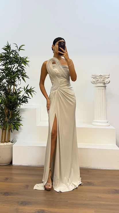 Taş Drapeli Omuz Detay Abiye Elbise