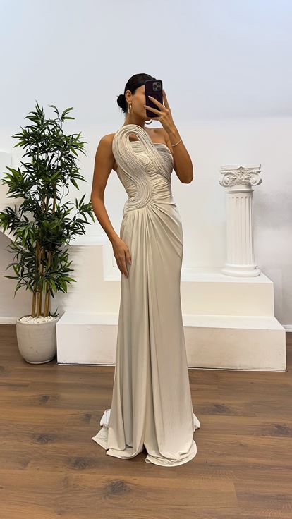 Taş Drapeli Omuz Detay Abiye Elbise