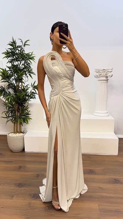 Taş Drapeli Omuz Detay Abiye Elbise