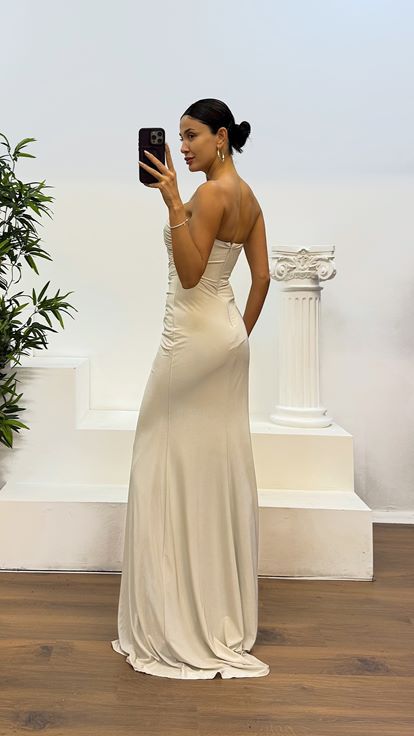 Taş Drapeli Omuz Detay Abiye Elbise