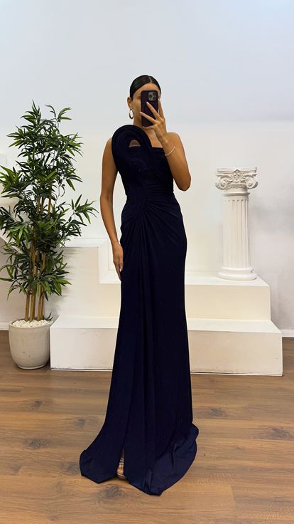 Lacivert Drapeli Omuz Detay Abiye Elbise