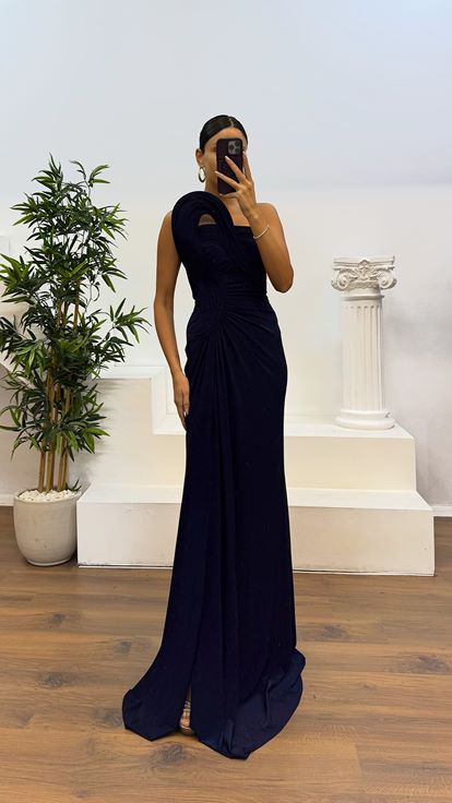 Lacivert Drapeli Omuz Detay Abiye Elbise