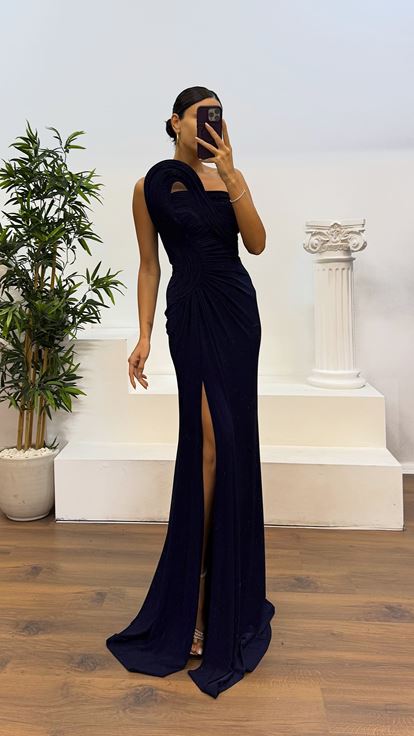 Lacivert Drapeli Omuz Detay Abiye Elbise