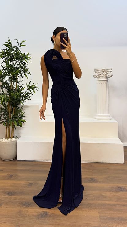 Lacivert Drapeli Omuz Detay Abiye Elbise