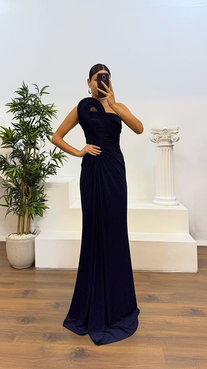 Lacivert Drapeli Omuz Detay Abiye Elbise