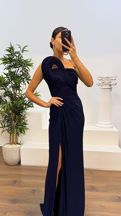 Lacivert Drapeli Omuz Detay Abiye Elbise