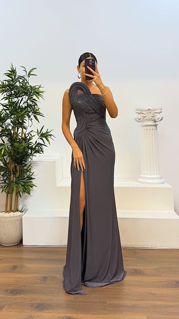 Anthracite Draped Shoulder Detail Evening Dress