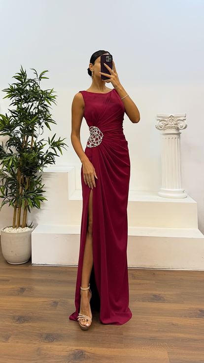 Burgundy Evening Dress with Waistband