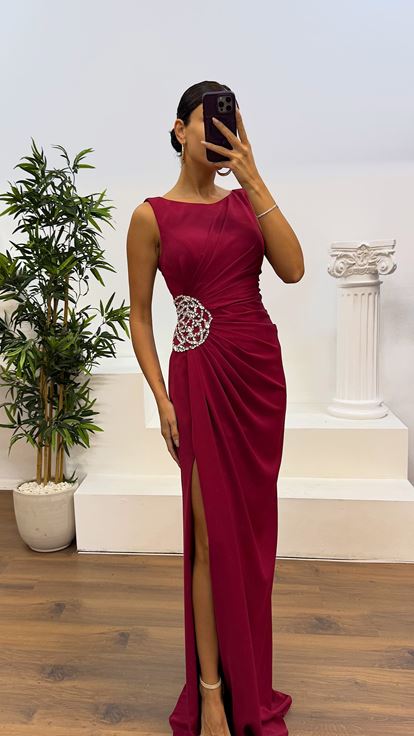Burgundy Evening Dress with Waistband