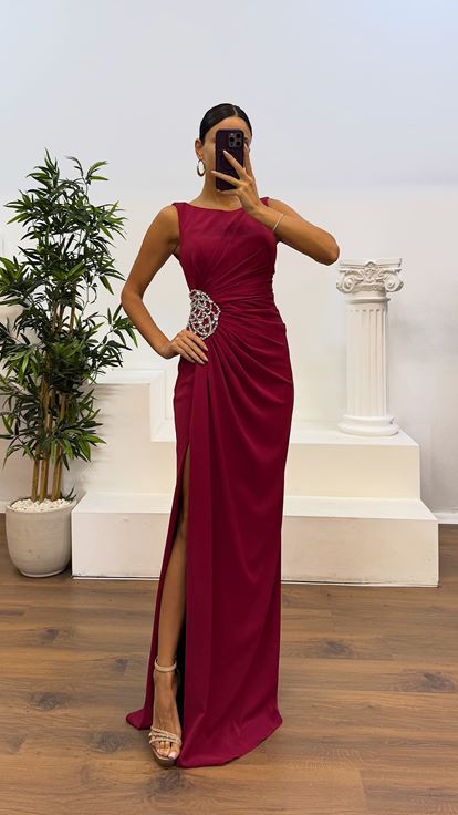Burgundy Evening Dress with Waistband