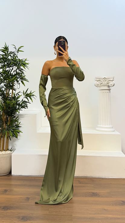 Haki Straplez Eldivenli Saten Abiye Elbise
