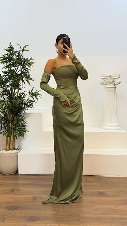 Haki Straplez Eldivenli Saten Abiye Elbise