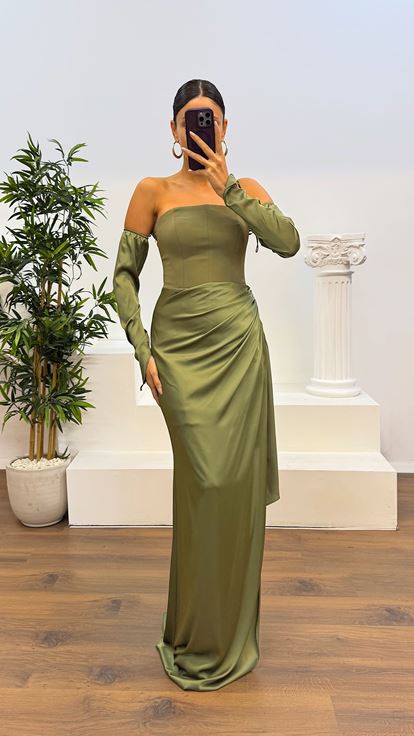 Haki Straplez Eldivenli Saten Abiye Elbise