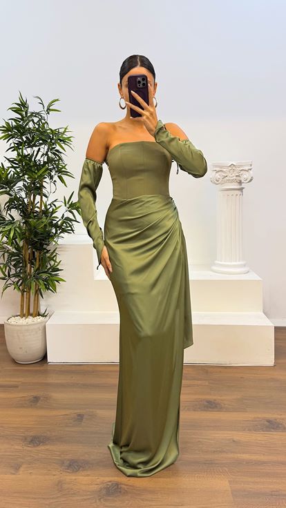 Haki Straplez Eldivenli Saten Abiye Elbise