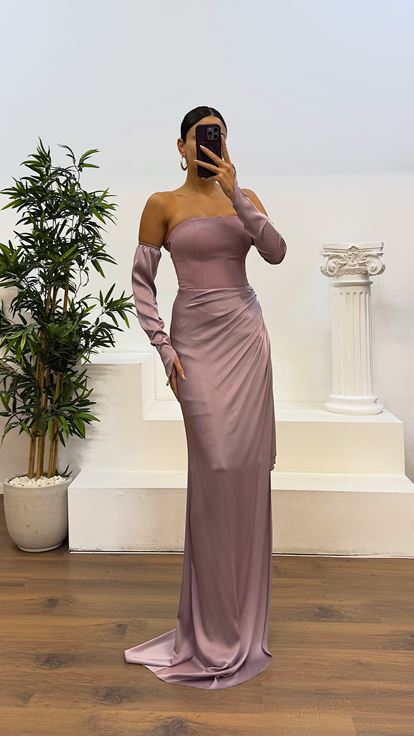 Dusty Rose Strapless Satin Evening Dress with Gloves