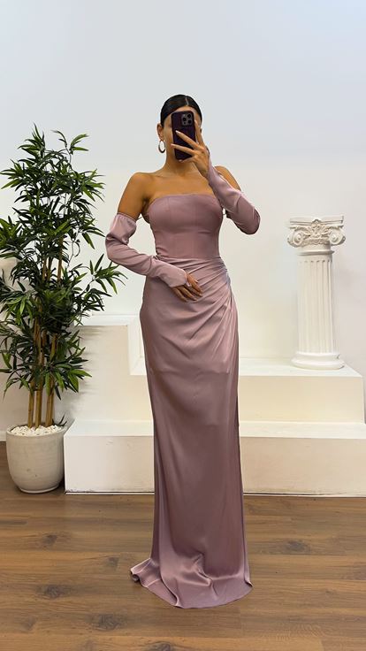 Dusty Rose Strapless Satin Evening Dress with Gloves